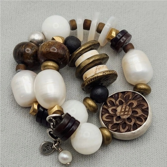 Silpada B1989 Pearl  Bronzite Howlite BrassSterling silver stretch Bracelet - Picture 3 of 9